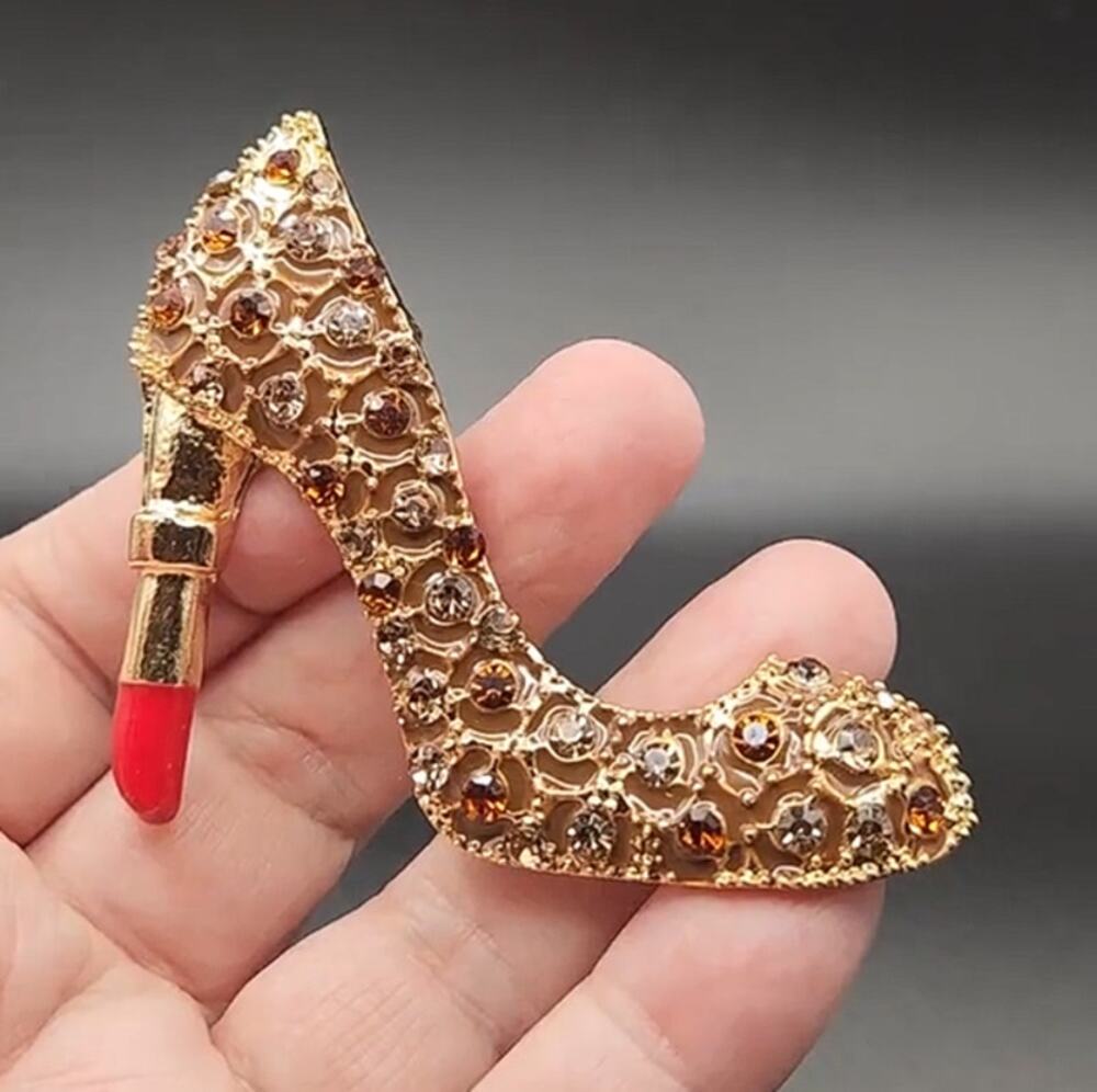 Lipstick Heel Stiletto Shoe Brooch Rhinestone & Enamel High Fashion Trendy